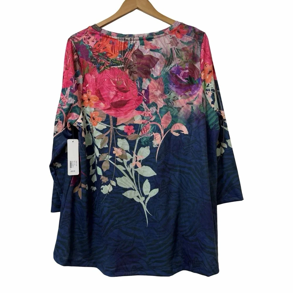 Soft Surroundings Floral Christa 3/4 Sleeve Tunic Top Size 1X Blue Casual NEW